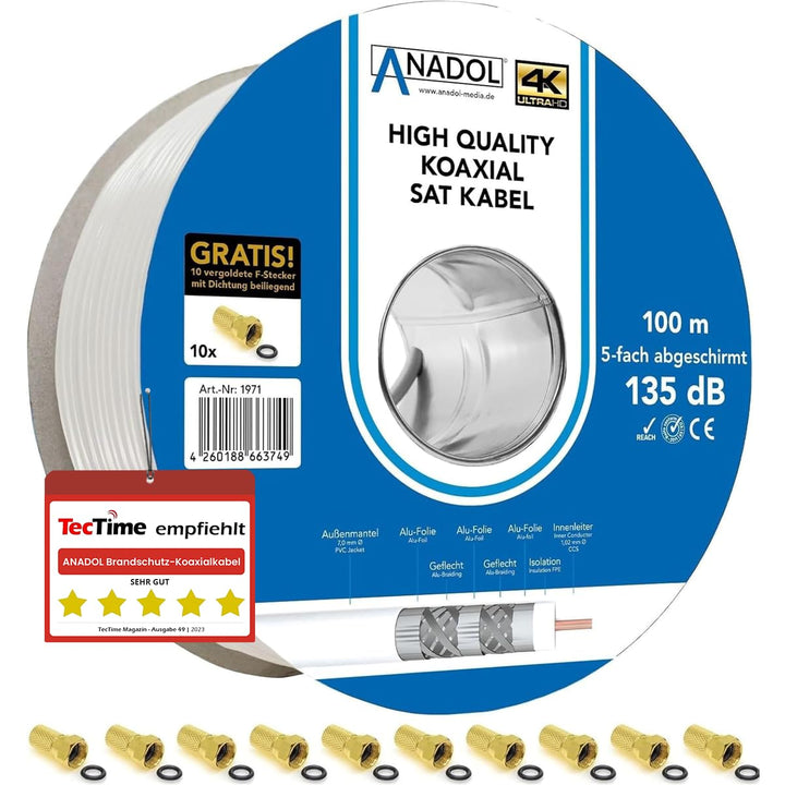 [Test SEHR GUT *] Anadol 100m Brandschutz Koaxialkabel 135dB, 5fach geschirmt, 7mm, Koaxial Satkabel