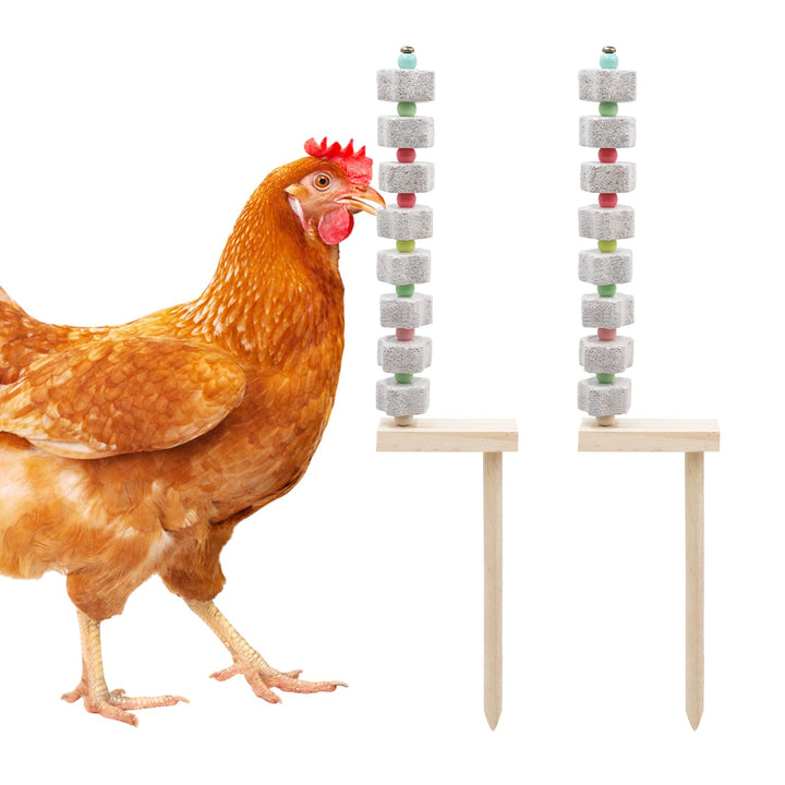 Dnoifne 2 Pack Hühnerkauspielzeug, Kükenschnabel Schleifen Kalziumstein mit Holzpfahl, Hühnerkäfig Z