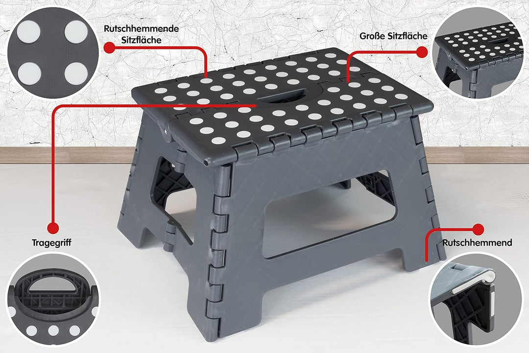 Deco4Me Tritthocker klappbar 22 cm hoch, belastbar bis 150 kg, 1 Stufe, rutschfest - Faltbarer Klapp