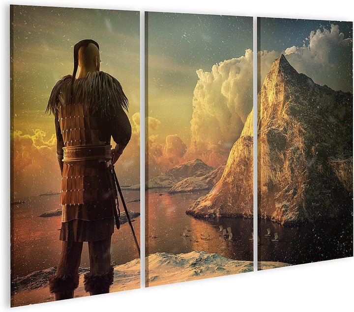 islandburner Bild auf Leinwand Wikinger Krieger Meer Schnee Berg Bilder Wandbilder Poster 130x80cm -
