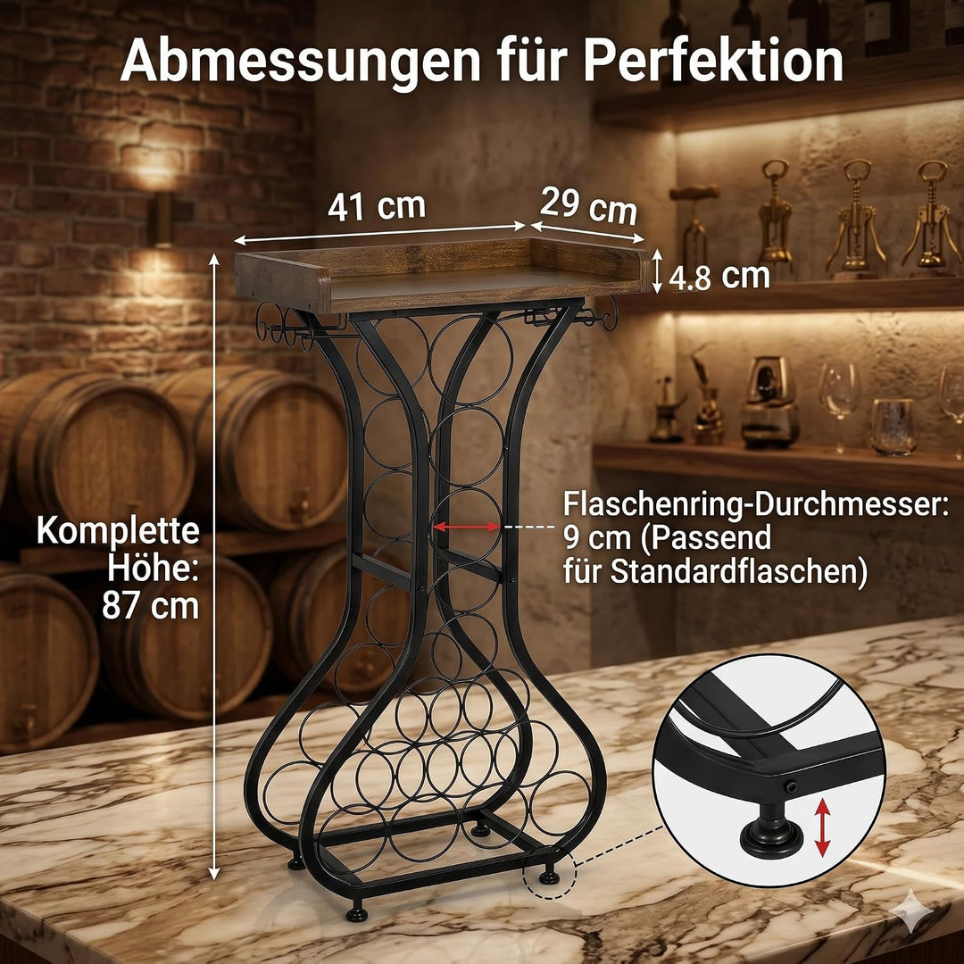Weinregal Freistehend für 14 Flaschen, Weinflaschenhalter aus Metall mit Glashalter für 4 Gläser und
