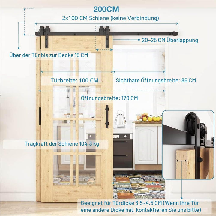 WINSOON 200CM/6.6FT Schiebetür Komplettset Bypass Doppeltür Schiebetürschiene Schiebetür, Schwarz Sc