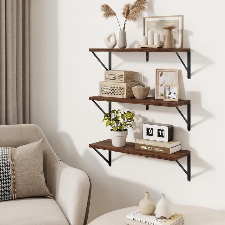 Feihorrm 3er Set Bücherregal, Wandregal Dunkel Braun, Regal 60cm Breit | Wandregal Holz, Bücherregal