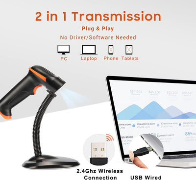 Tera Kabelloser Handheld-Barcode-Scanner 1D Laser Wireless und USB-Wired mit Halterung, Akkustandsan