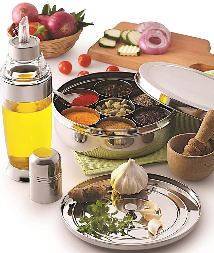 KSJONE Doppeldeckel-Gewürzbehälter Masala Dabba mit 7 Fächern und 7 Löffeln, Masala-Box, Gewürzbehäl