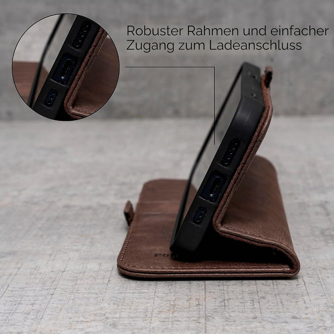 Porter Riley - Lederhülle für iPhone 13 Pro Max (6.7"). Premium Echtleder Standhülle/Ledertasche/Bri