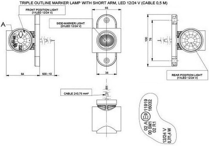 2 x Gummibremsleuchten LED 12 V 24 V mit Kontrollschild E Positionslicht LKW PKW Lampe weiss rot ora