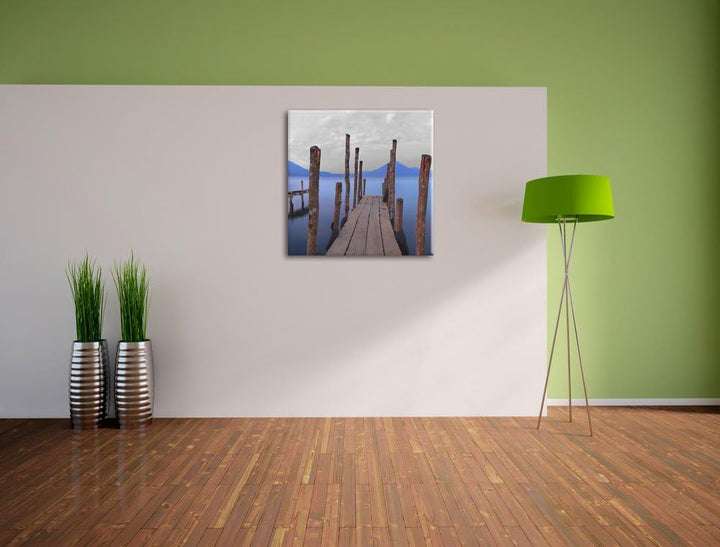 Pixxprint Verschiedene Holzstege am Seeufer schwarz/weiss als Leinwandbild Quadratisch/Grösse: 70x70