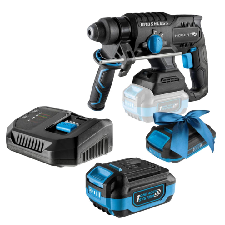 HÖGERT TECHNIK Bürstenloser Akku-Bohrhammer Set 18V, 2,0 J Schlagenergie, Meisselfunktion, 4,0 Ah Ak