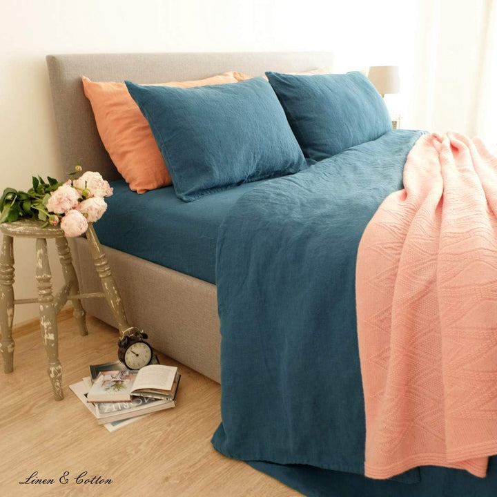 Linen &amp; Cotton Weicher Griff Bettwäsche Set Alicia -100% Leinen Gewaschen, Petrol Blau (140 x 200 cm