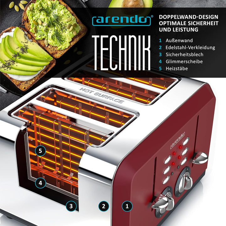 Arendo - Automatik Toaster 4 Scheiben - Edelstahlgehäuse - bis zu vier Sandwich und Toast-Scheiben -