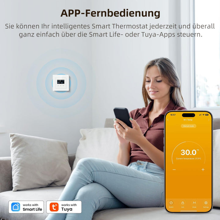 Samrt WiFi Themrmostat für Wasser-Fussbodenheizung, 55 x 55mm Standard, Glasfläche, Programmierbar R