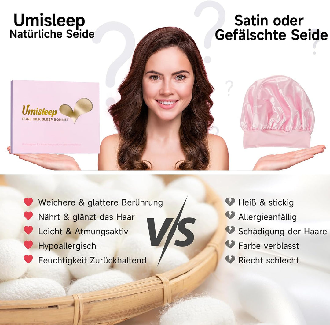 Umisleep 22 Momme Schlafmütze aus 100% Maulbeerseide, doppelseidige weiche Nachtmütze für lockiges H