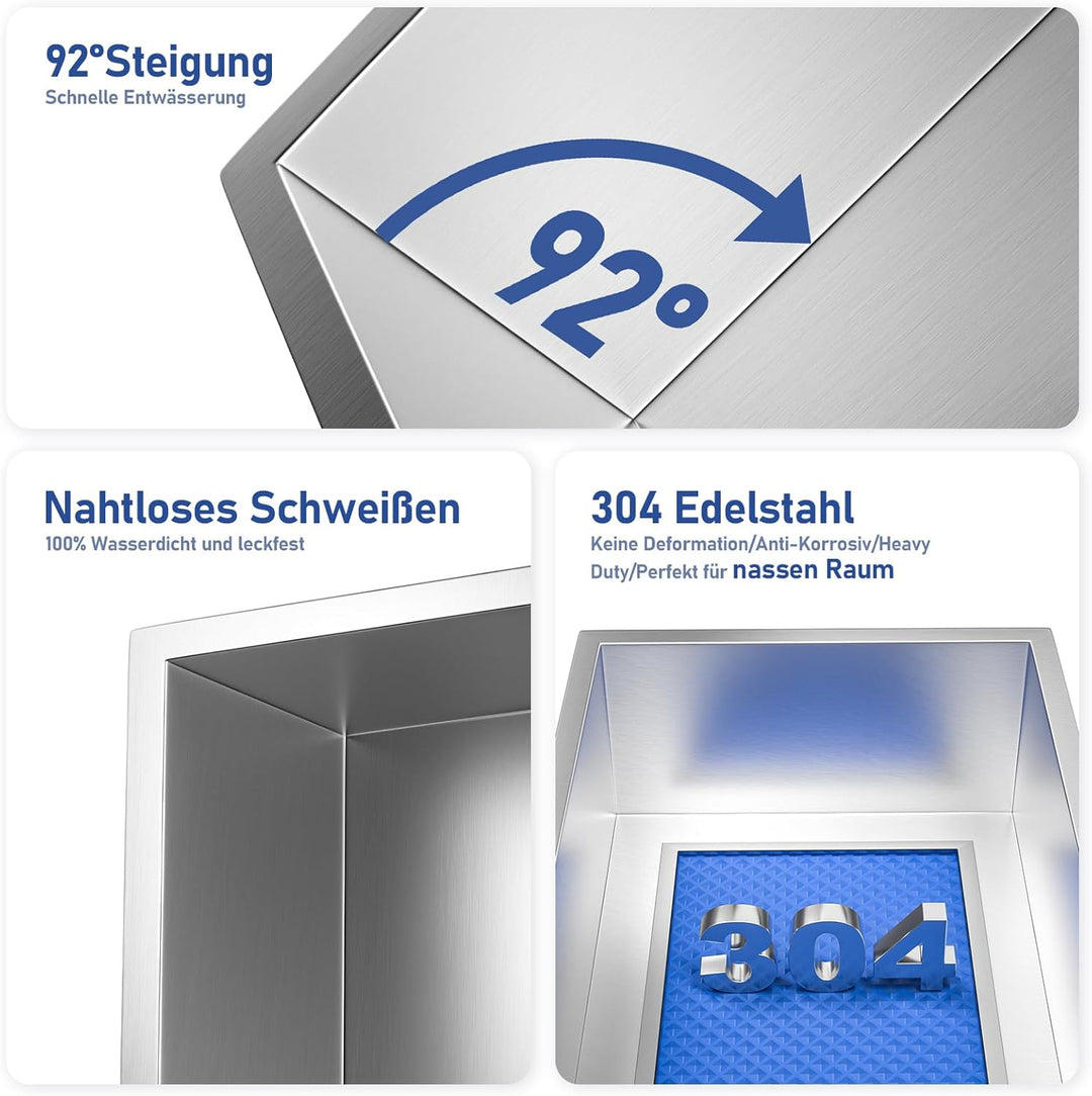 Bernkot Duschnische aus Edelstahl 60 x 30 x 10 cm Wandnische Aufbewahrung Ordner für Badezimmer Kein