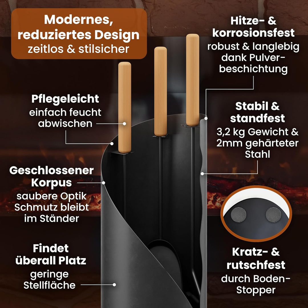 BLACK OAK Kaminbesteck VAIL 4-teilig - modernes Ofenbesteck Set schwarz mit Holzgriff 4 teilig mit S