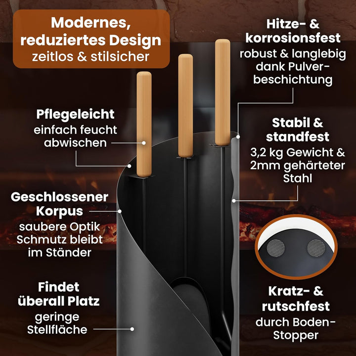 BLACK OAK Kaminbesteck VAIL 4-teilig - modernes Ofenbesteck Set schwarz mit Holzgriff 4 teilig mit S
