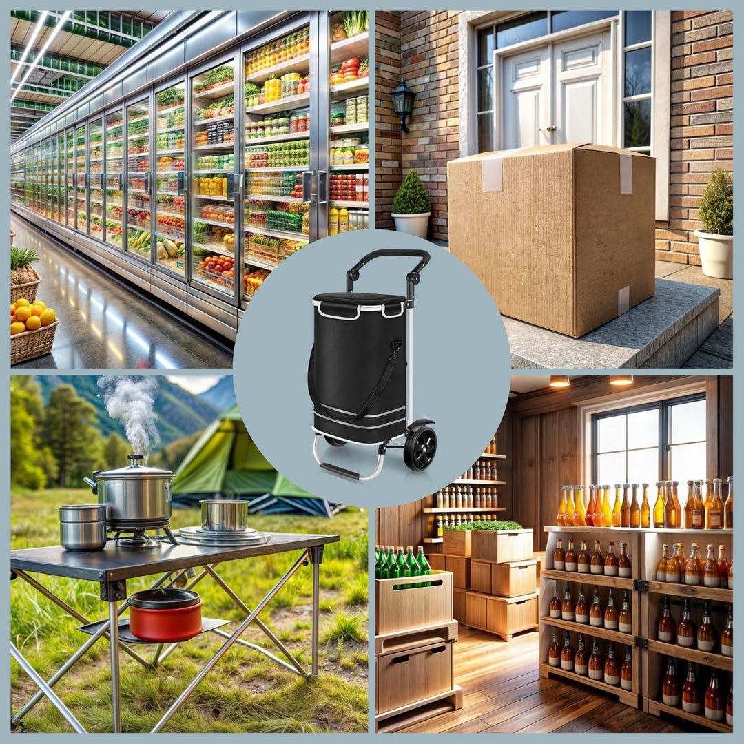 Dimono® Einkaufstrolley Rolltex Klappbarer 3 in1 Trolley zum Einkaufen; 56 Liter inkl. Kühlfach; Tra