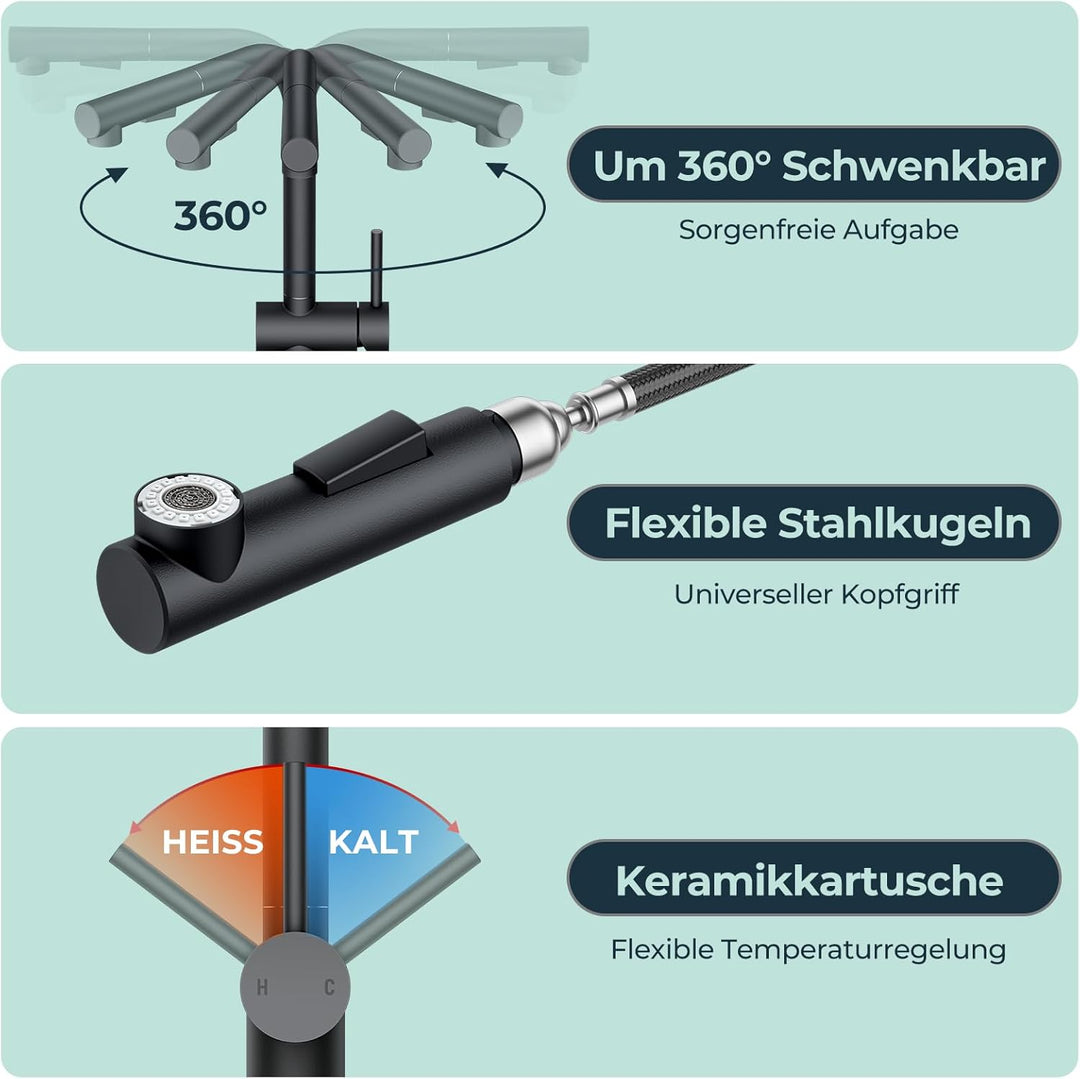 FORIOUS Küchenarmatur Schwarz, Wasserhahn Armatur Küche Ausziehbar Brause Edelstahl, Einhebel Mischb