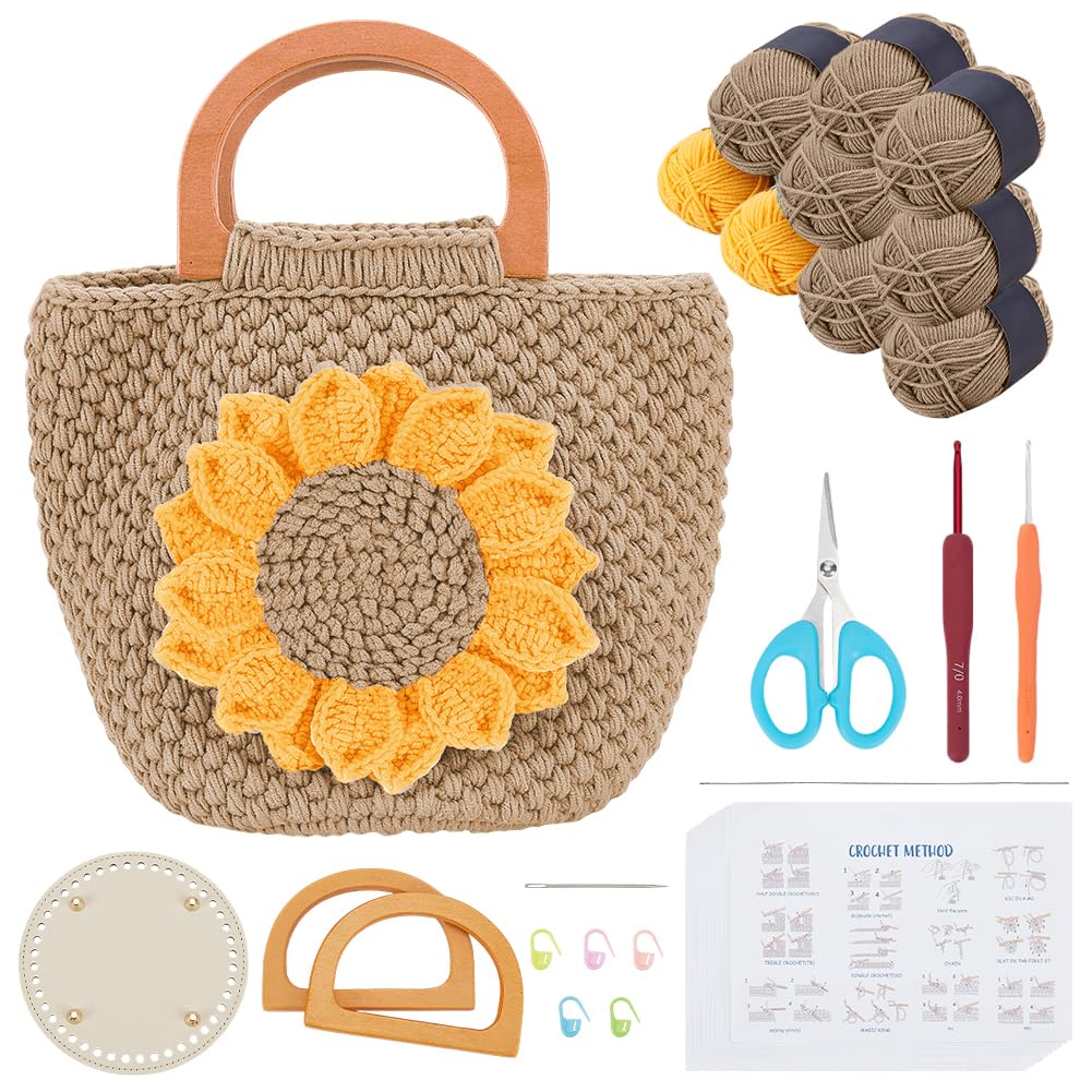 FREEBLOSS Gehäkeltes Sonnenblumen Taschenset Sonnenblumentasche Mit Holzgriff Häkelset Für Anfänger