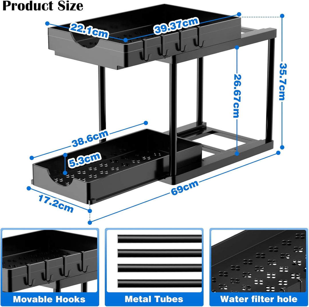 ARSTPEOE Küchen Organizer - Unter Waschbecken Regal - 2 Etagen Schrank Organizer mit 8 Haken, Schubl