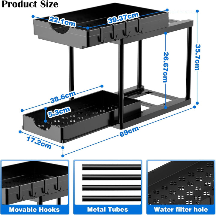 ARSTPEOE Küchen Organizer - Unter Waschbecken Regal - 2 Etagen Schrank Organizer mit 8 Haken, Schubl
