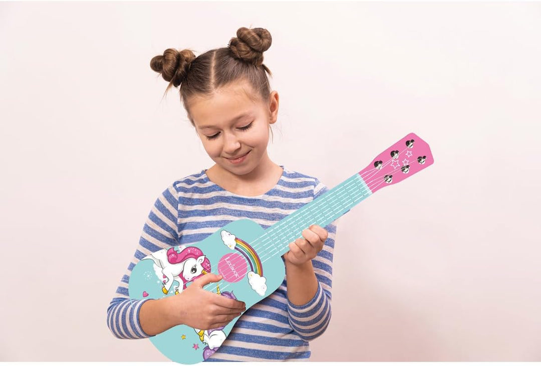 LEXIBOOK K205UNI erste Gitarre aus Holz Einhorn, 6 Saiten, 53 cm, inkl. Anleitung, Rosa/Blau