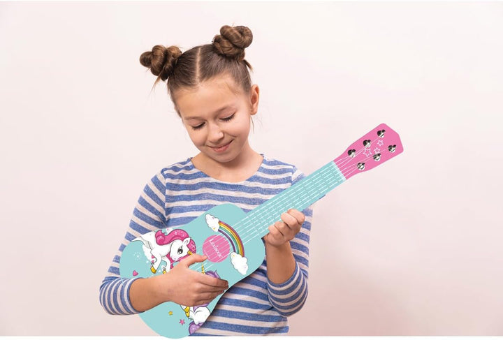 LEXIBOOK K205UNI erste Gitarre aus Holz Einhorn, 6 Saiten, 53 cm, inkl. Anleitung, Rosa/Blau
