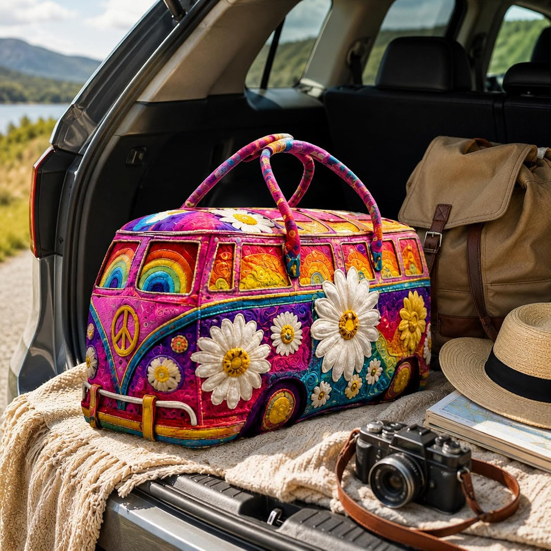 Hippie Van Quilted Duffle Bag – Boho Wochenendtasche - Bus Design Handliche Reisetasche Damen Weeken