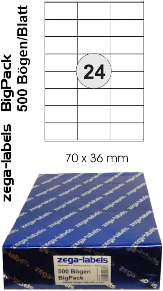 12.000 Etiketten 70 x 36 mm selbstklebend auf DIN A4 Bögen (3x8 Etiketten) - 500 Blatt Bigpack - Uni