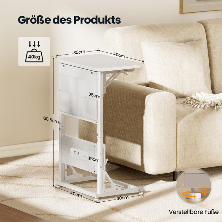 Beistelltisch C Form, Klappbarer Sofatisch mit Steckdosen, Höhenverstellbar Couchtisch mit Metallrah