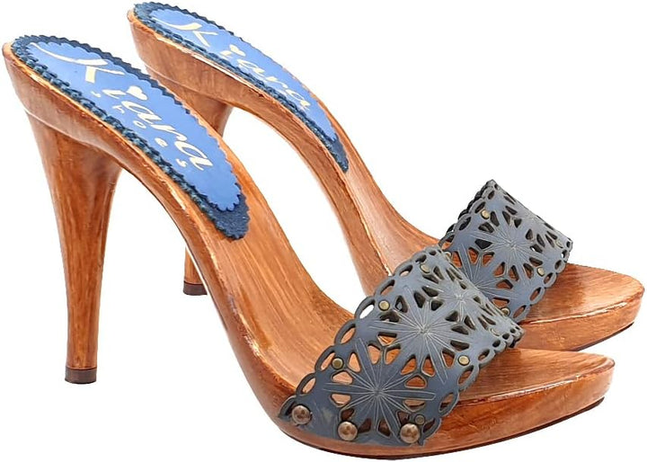 Kiara Shoes Damen-Mule mit Obermaterial aus blauem Leder und hohem Absatz - KM71401 BLU (42 EU, BLAU