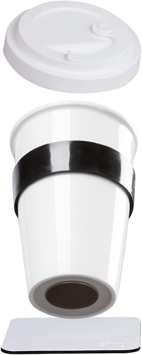 silwy® Porzellan TO-GO-CUP inkl. schwarzer Hitzeschutzbanderole, metallischen Nano-Gel-Untersetzer W