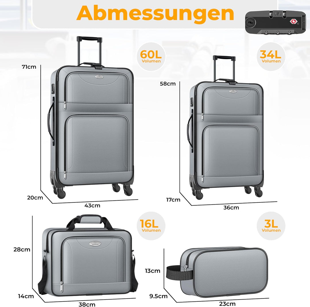 KESSER® Reisekoffer Set 4-teilig | Trolley Kofferset Stoffkoffer mit 3-Ziffern-TSA-Schloss, 360° Rol