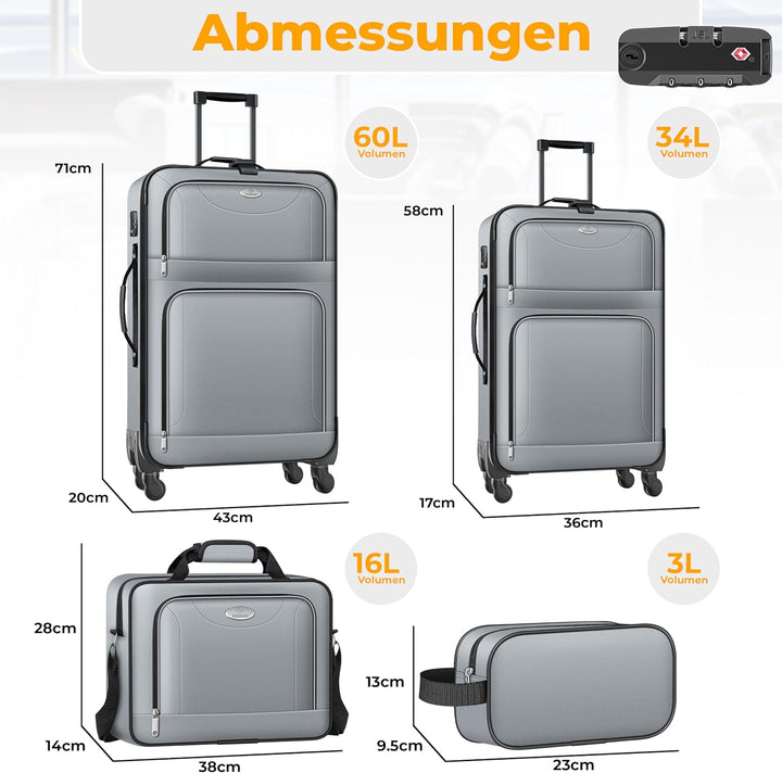 KESSER® Reisekoffer Set 4-teilig | Trolley Kofferset Stoffkoffer mit 3-Ziffern-TSA-Schloss, 360° Rol
