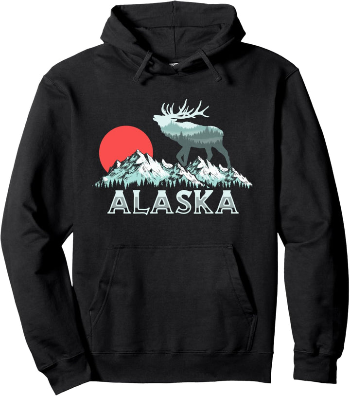 Vintage Alaska Elk Hunter Conservation Retro Graphic Pullover Hoodie