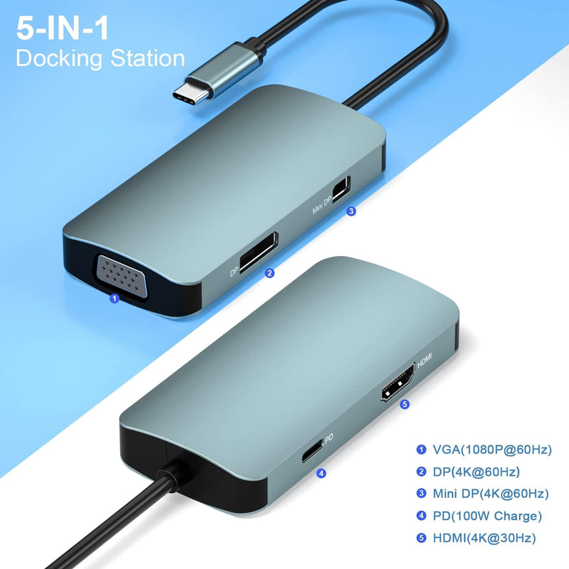 BDFFLY 5 in 1 Dockingstation, USB-C-Hub auf 100-W-Stromversorgungsadapter, 4K @ 30 Hz HDMI, DP & Min