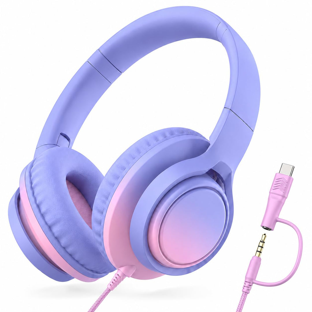 Kinder-Over-Ear-Kopfhörer, 85/94 dB, Mikro, USB-C-Adapter, Pink | 85/94-dB-Lautstärkeregelung, faltb