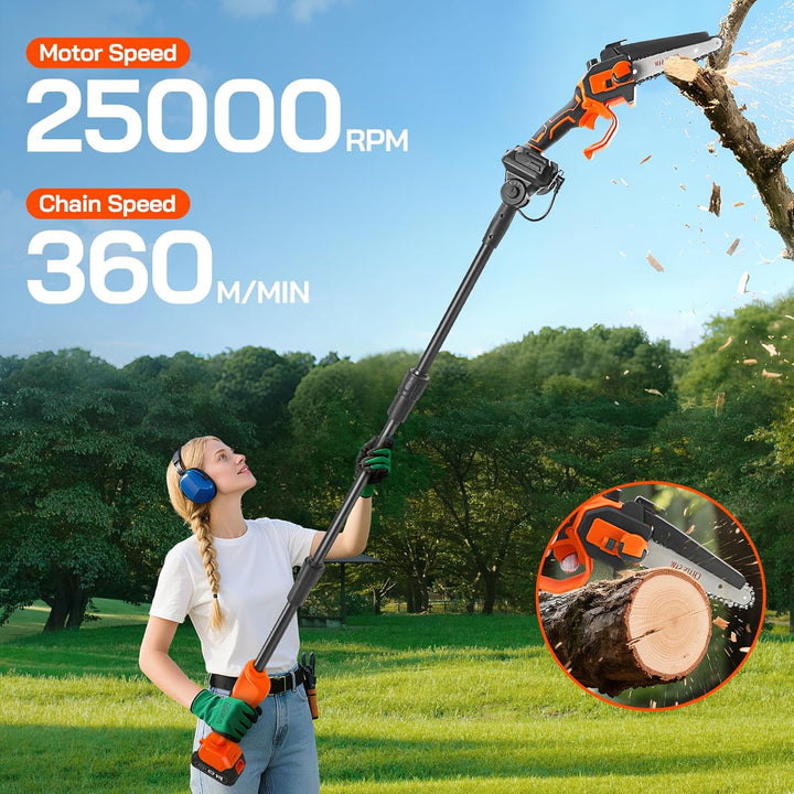 2-in-1 Mini Kettensäge 6 Zoll, 21V Akku-Hochentaster mit Verlängerungsstange 1,32–2,3 m, Elektro Hoc