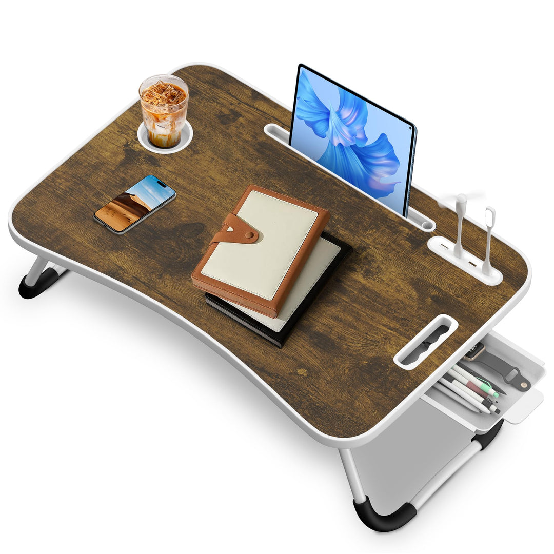 Soontrans Laptoptisch 60x40x28 cm, Laptop Tisch mit Schublade, Getränkehalter, Tablethalter, Griff,