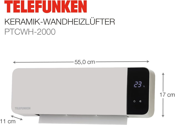 Telefunken Keramik Wandheizlüfter PTCWH-2000W | LED-Display mit digitalem Thermostat & Fernbedienung