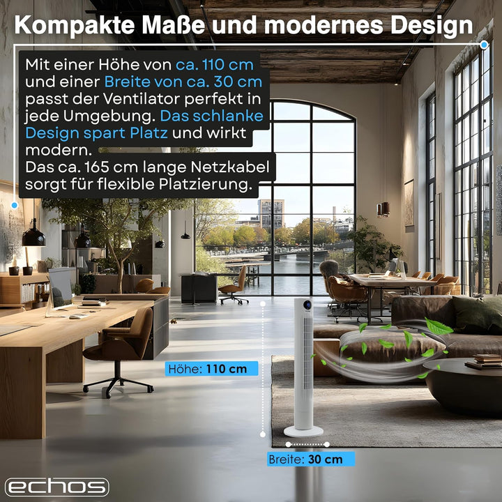 Echos Turmventilator | Ventilator sehr leise | Fernbedienung | Oszillierend | LED-Display | 3 Stufen