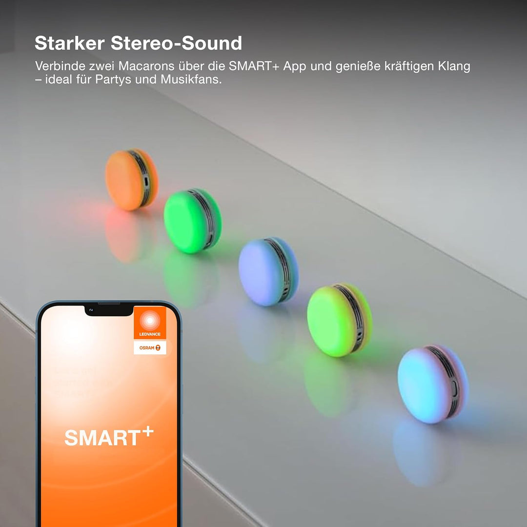 Osram Smart Macaron, Bluetooth-Lautsprecher mit Dreh-Farblicht, Musik-Sync & App-Timer – 3 Modi, Ste