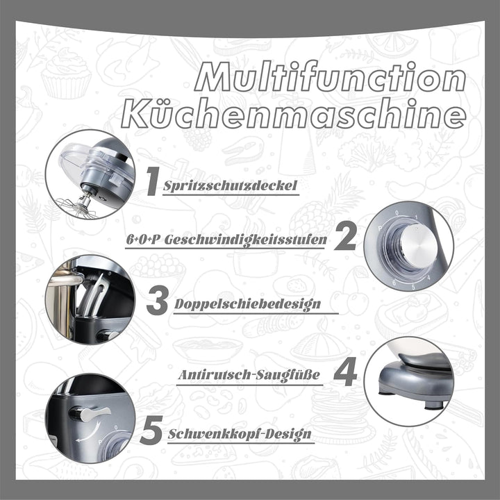 Kitchen in the box Küchenmaschine, 7,5 L Knetmaschine 1400 W, 6 Geschwindigkeits Teigmaschine mit Rü