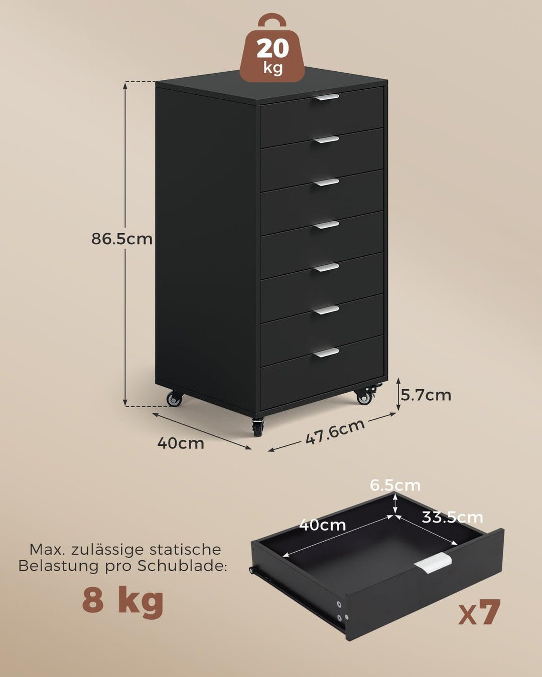 ELUCHANG Schubladenschrank, Rollcontainer, Mobiler Aktenschrank mit 7 Schubladen, Schubladenkommode