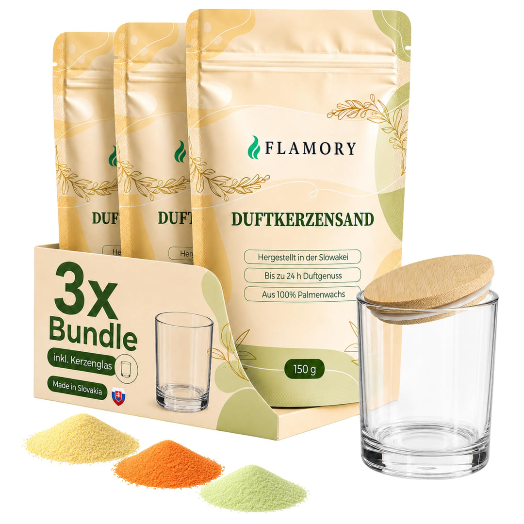 Kerzensand mit Duft Starter Set 3x150g inkl. Glas & Deckel – [Orange/Citronella/Verbena] – 9 Dochte