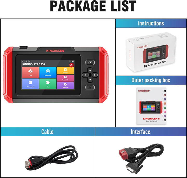 KINGBOLEN S500 OBD2 Diagnosegerät, Automotive Fehlercode Auslesegerät für Motor/Getriebe/ABS/SRS,Dia
