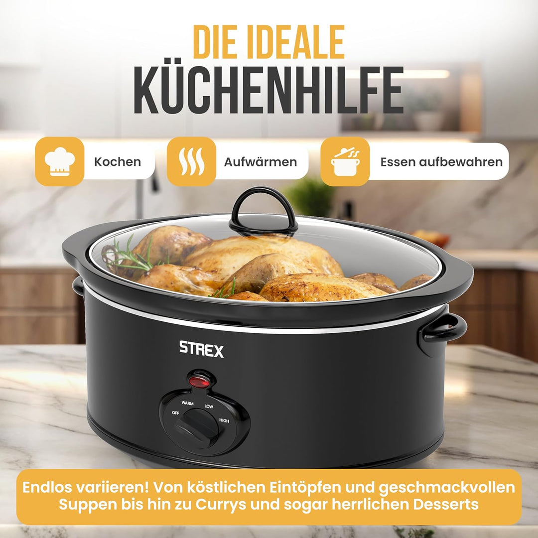 Strex Schongarer Slowcooker 6.5L - Herausnehmbarer Keramik-Innenbehälter - Warmhaltefunktion - Slow