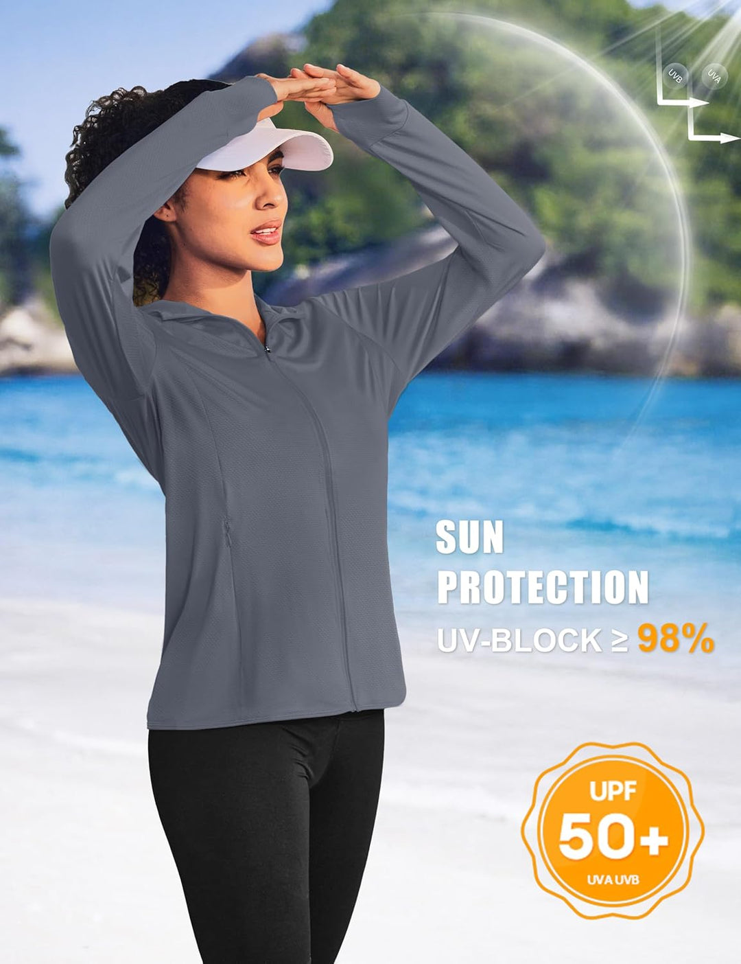 TACVASEN Damen UV Shirt Kapuze Jacke Langarm Laufshirt Schnelltrocknend Sportshirt Full Zip Sun Hood