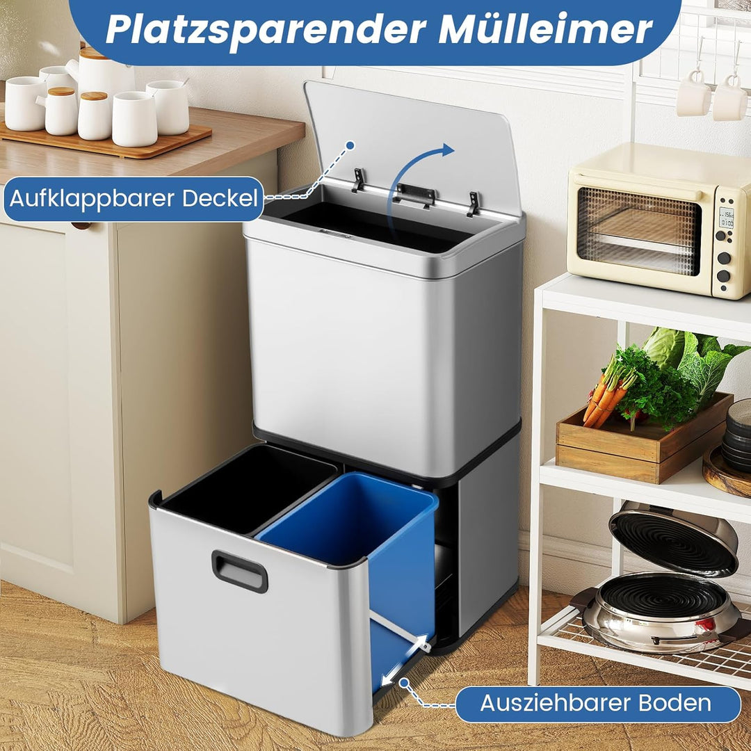 COSTWAY Mülleimer 3 Fächer, 56L Mülltrennsystem inkl. 2 ausnehmbaren Abfallbehältern, 2 x 10L + 36 L