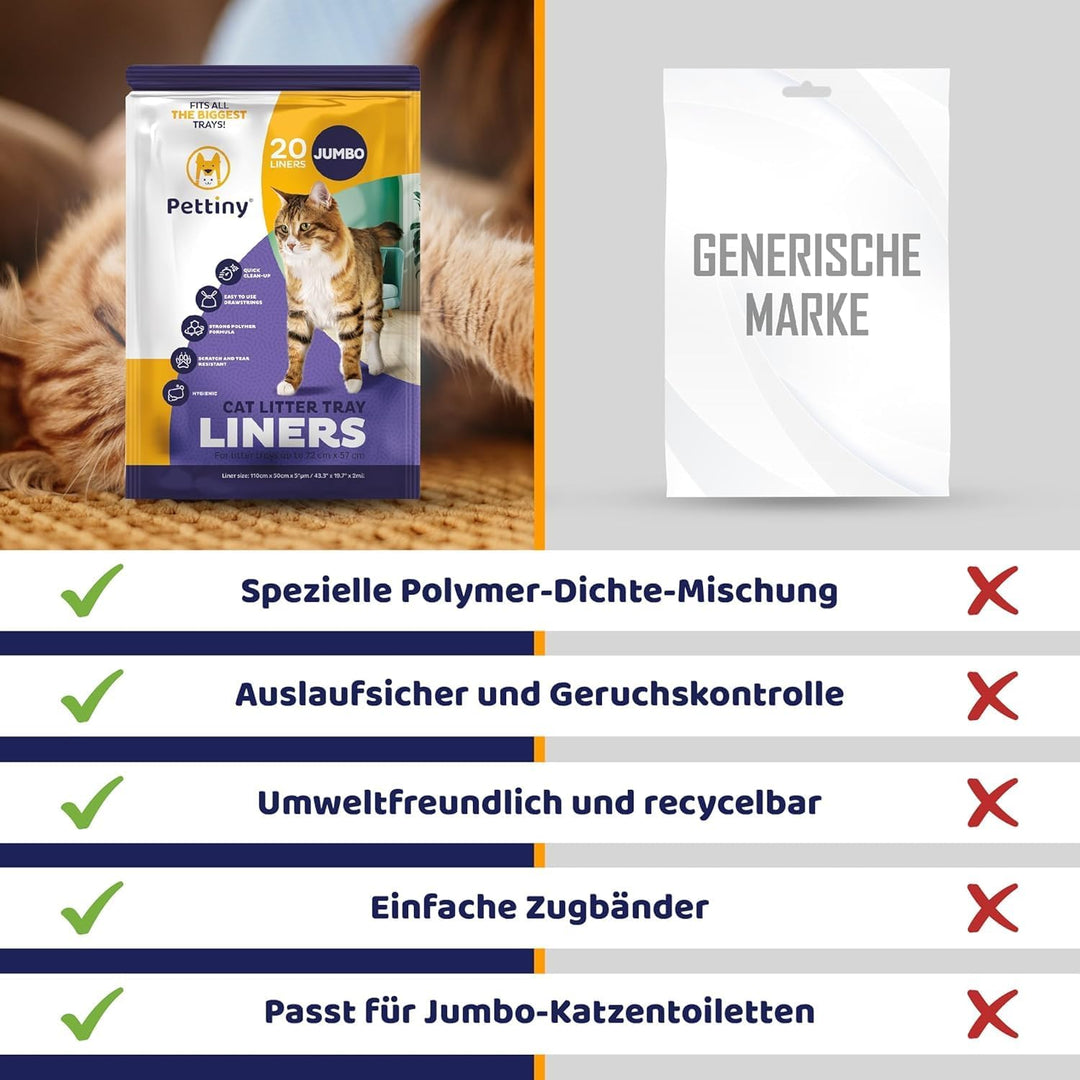 Pettiny Jumbo Katzentoilettenbeutel mit Zugbändern – 20er Pack Kratzfeste Tüten für Riesige Katzento